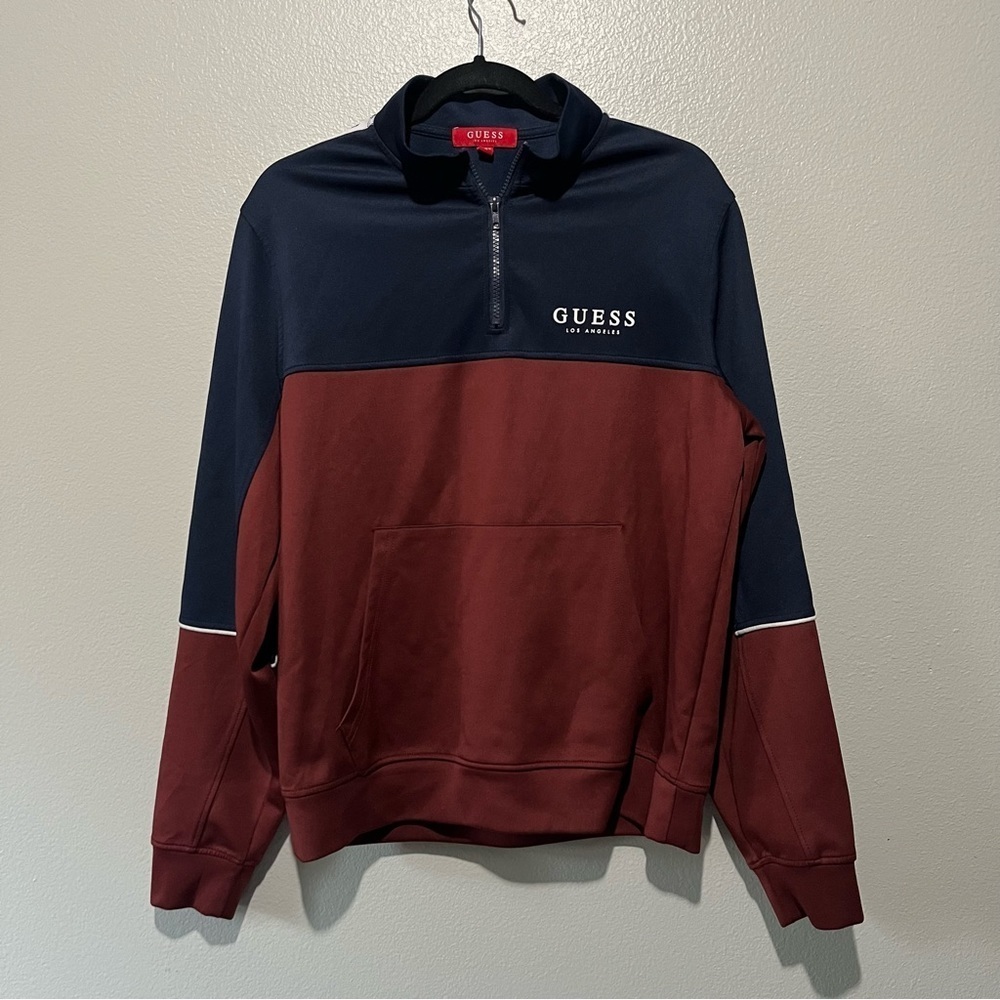 GUESS- Half Zip Sweater in Maroon and Navy Blue With Logo on arms Size M